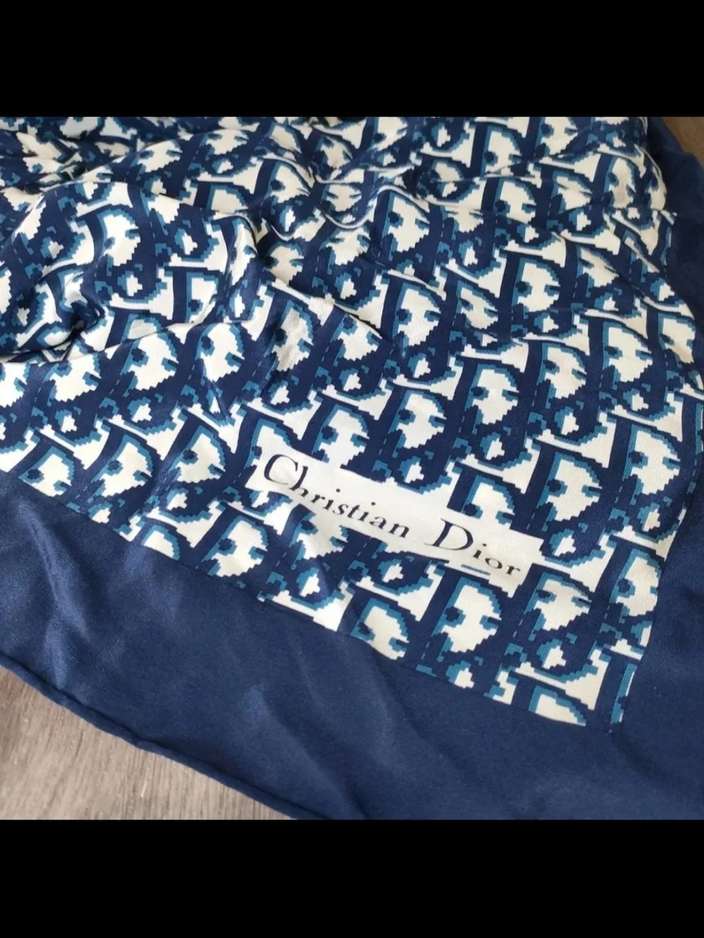Dior Blue & White Logo Pattern Silk Scarf